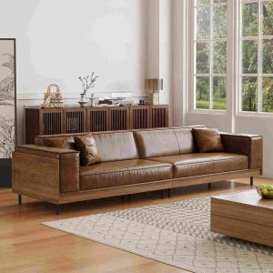 Mid-Century Modern Leather Sofa 111.81" with Wood Accents